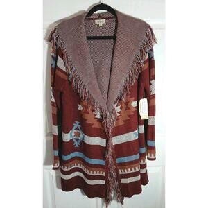 One World Cardigan Sweater Long Open Front Hood Sz XL Aztec Country Cottagecore